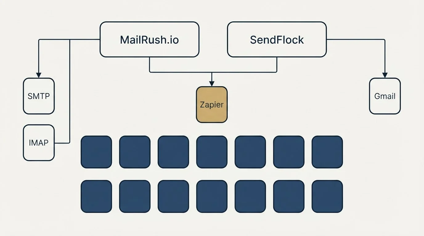 Integration grid: Integration Ecosystem (MailRush.io, SendFlock, Zapier, SMTP)