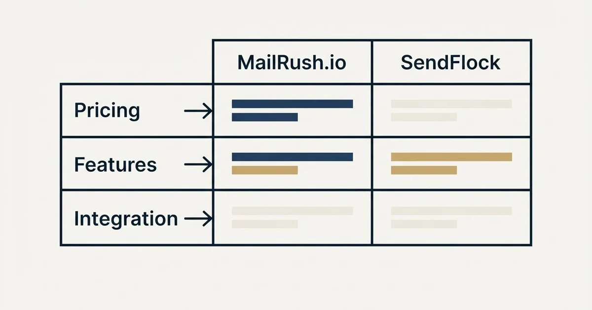 Comparison panel: MailRush.io vs SendFlock (Pricing, Features, Integration)
