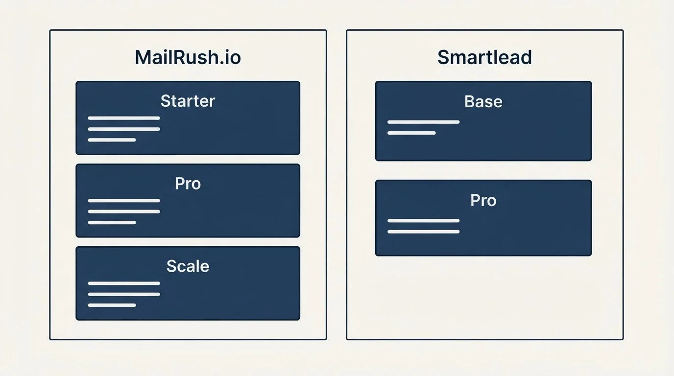 Pricing panels: Pricing Comparison (MailRush.io, Smartlead, Starter, Base)