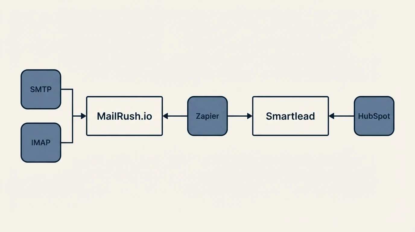 Integration flow: Integration Ecosystem (MailRush.io, Smartlead, Zapier, SMTP)