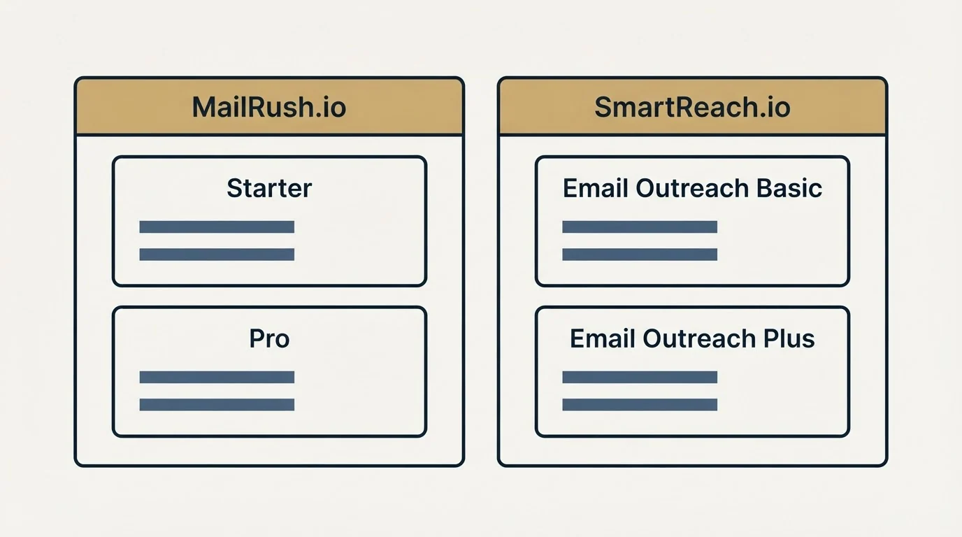 Pricing panels: Pricing Comparison (MailRush.io, SmartReach.io, Starter, Email Outreach Basic)