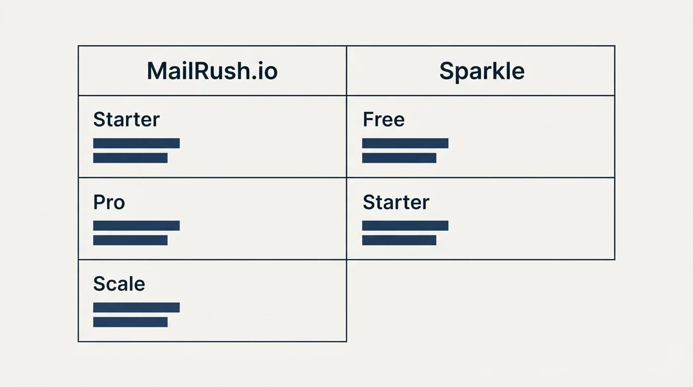 Pricing table: Pricing Comparison (MailRush.io, Sparkle, Starter, Free)