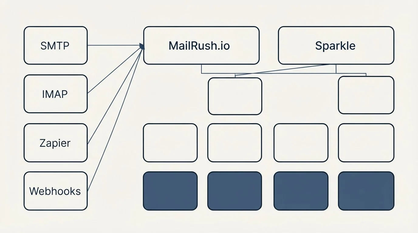 Integration grid: Integration Ecosystem (MailRush.io, Sparkle, SMTP, IMAP)