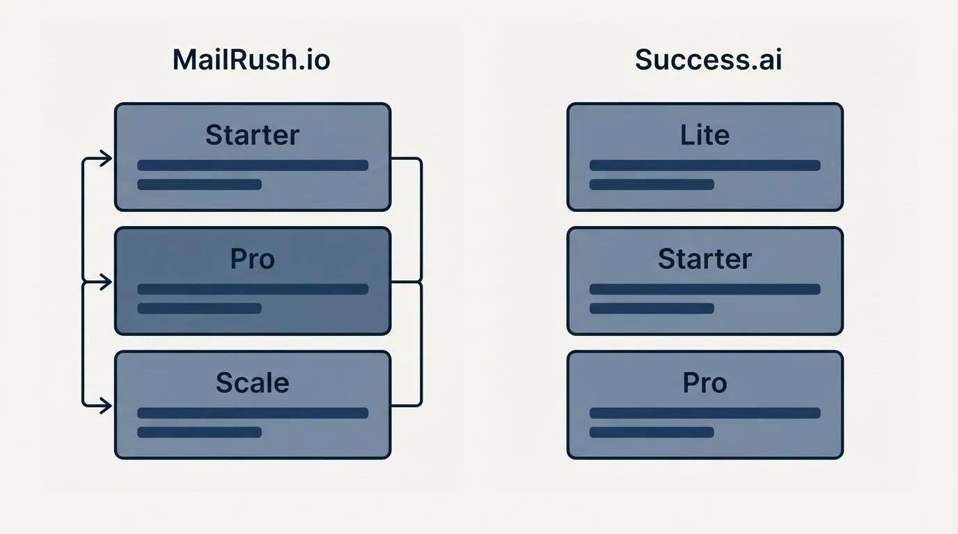 Pricing panels: Pricing Comparison (MailRush.io, Success.ai, Starter, Lite)