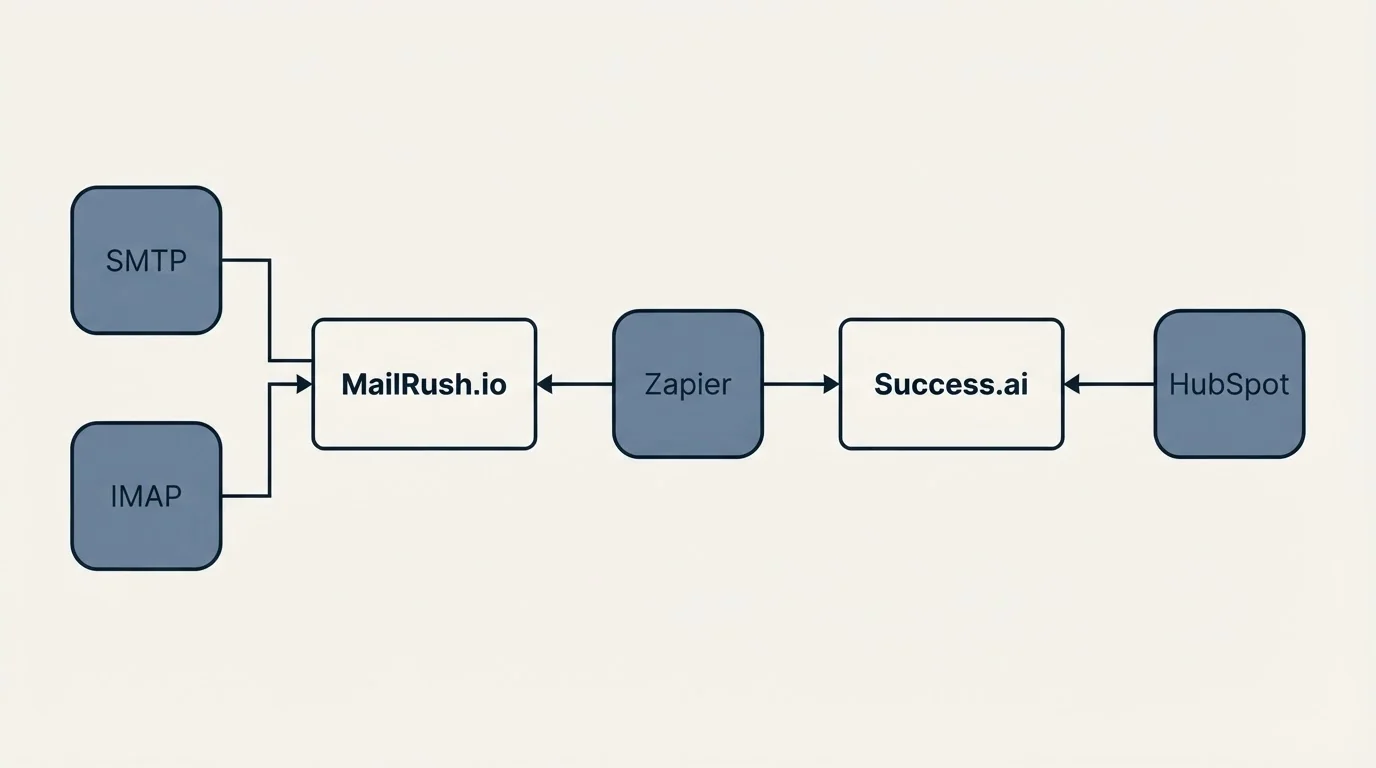 Integration flow: Integration Ecosystem (MailRush.io, Success.ai, Zapier, SMTP)
