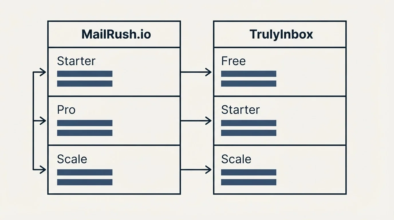 Pricing table: Pricing Comparison (MailRush.io, TrulyInbox, Starter, Free)