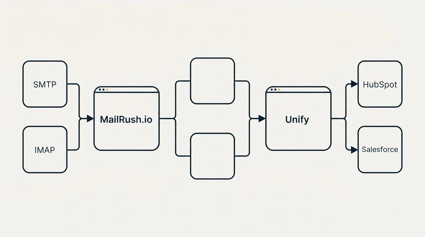 Integration flow: Integration Ecosystem (MailRush.io, Unify, SMTP, HubSpot)