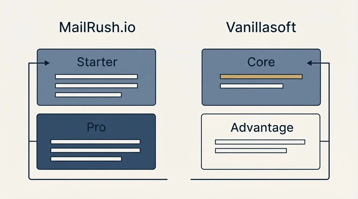 Pricing panels: Pricing Comparison (MailRush.io, Vanillasoft, Starter, Core)