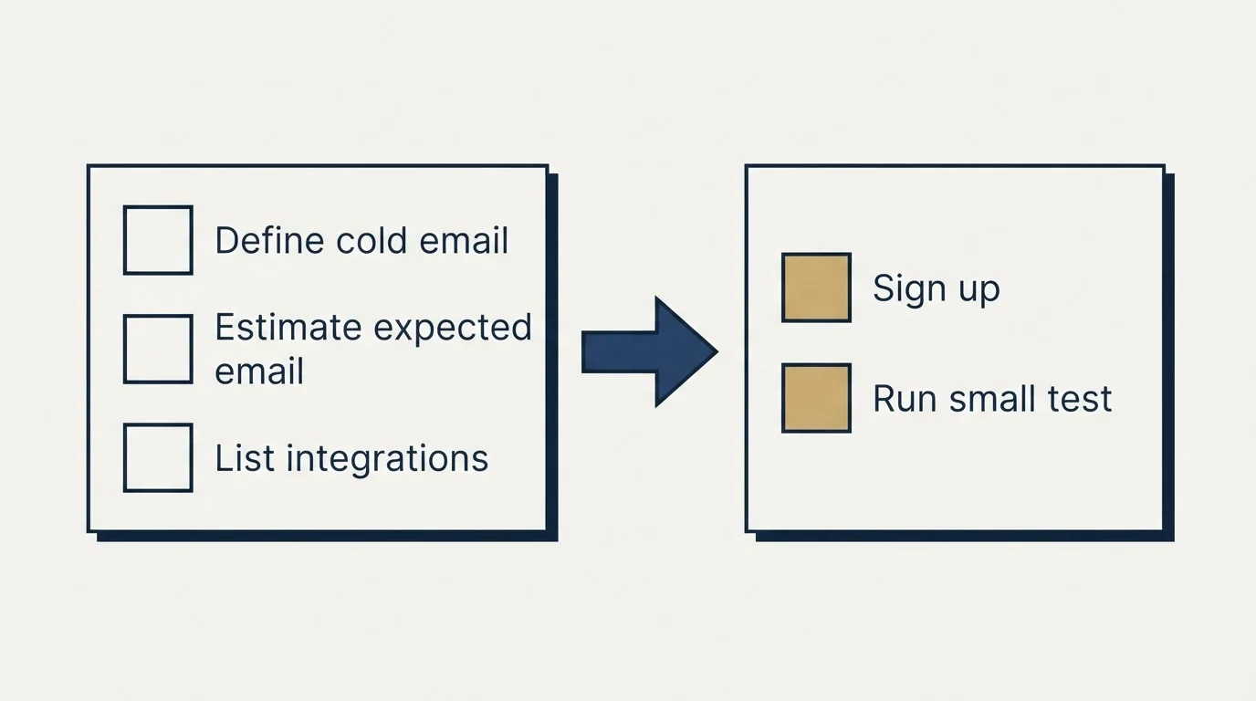 Before-and-after steps: Getting Started Checklist (Define cold email, Estimate expected email, List integrations, Sign up)