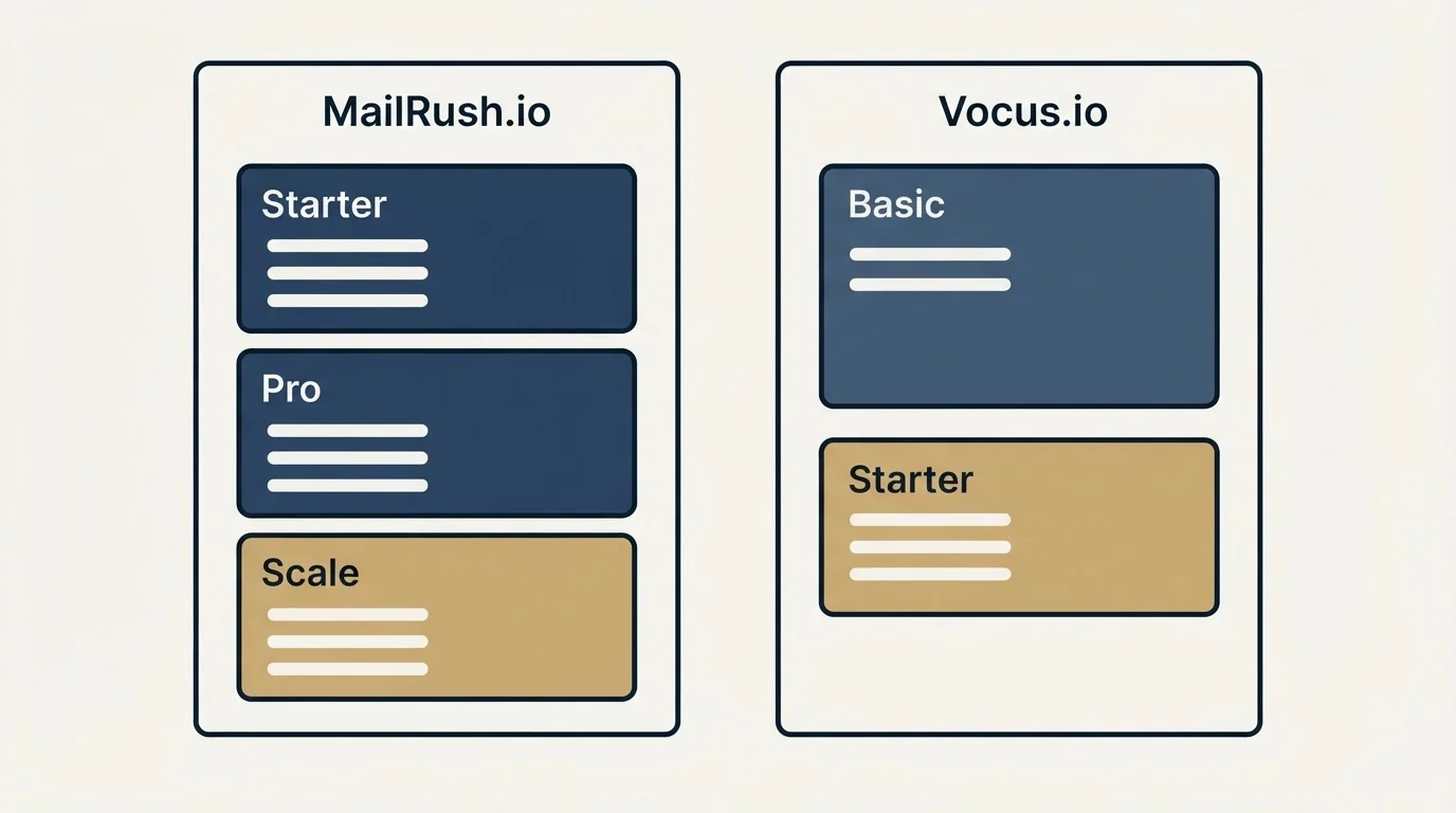 Pricing panels: Pricing Comparison (MailRush.io, Vocus.io, Starter, Basic)