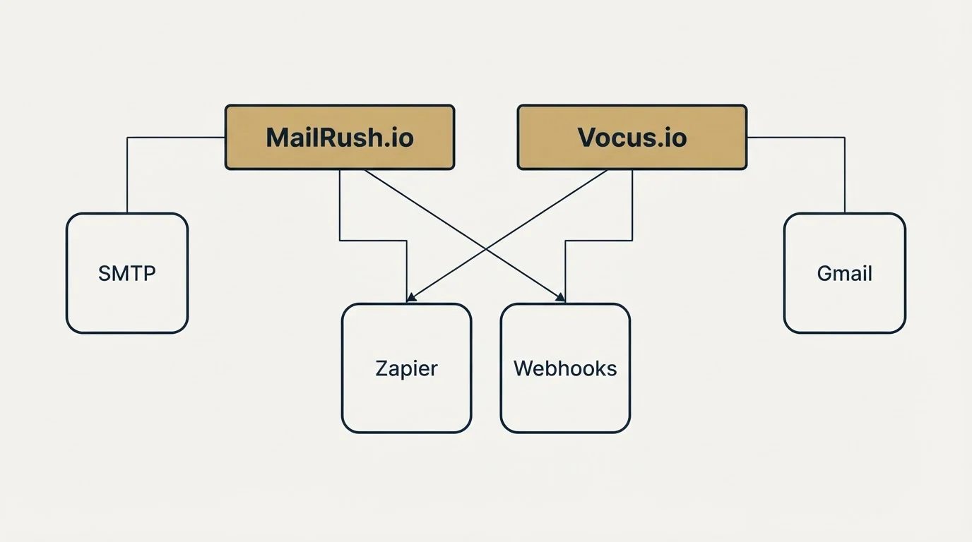 Integration grid: Integration Ecosystem (MailRush.io, Vocus.io, Zapier, Webhooks)