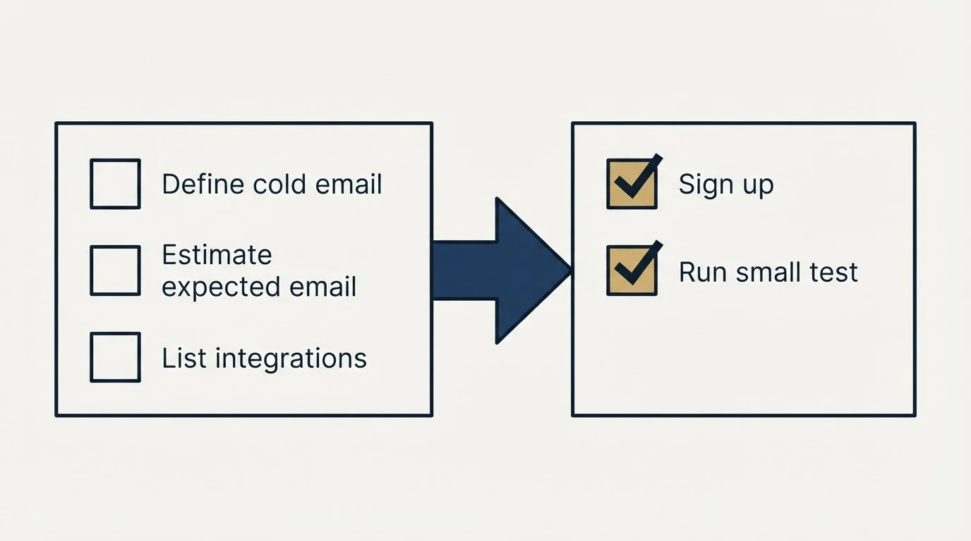Before-and-after steps: Getting Started Checklist (Define cold email, Estimate expected email, List integrations, Sign up)