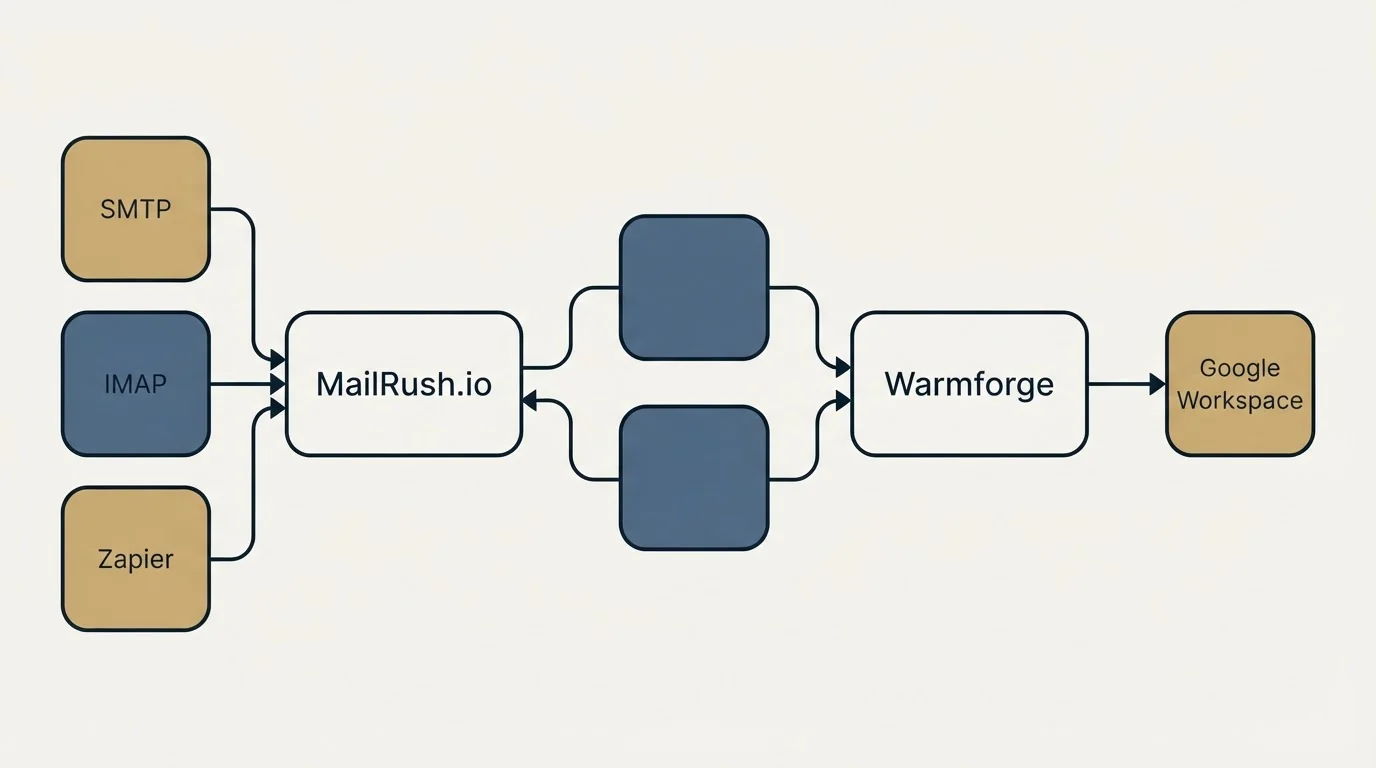 Integration schematic: Integration Ecosystem (MailRush.io, Warmforge, SMTP, Google Workspace)