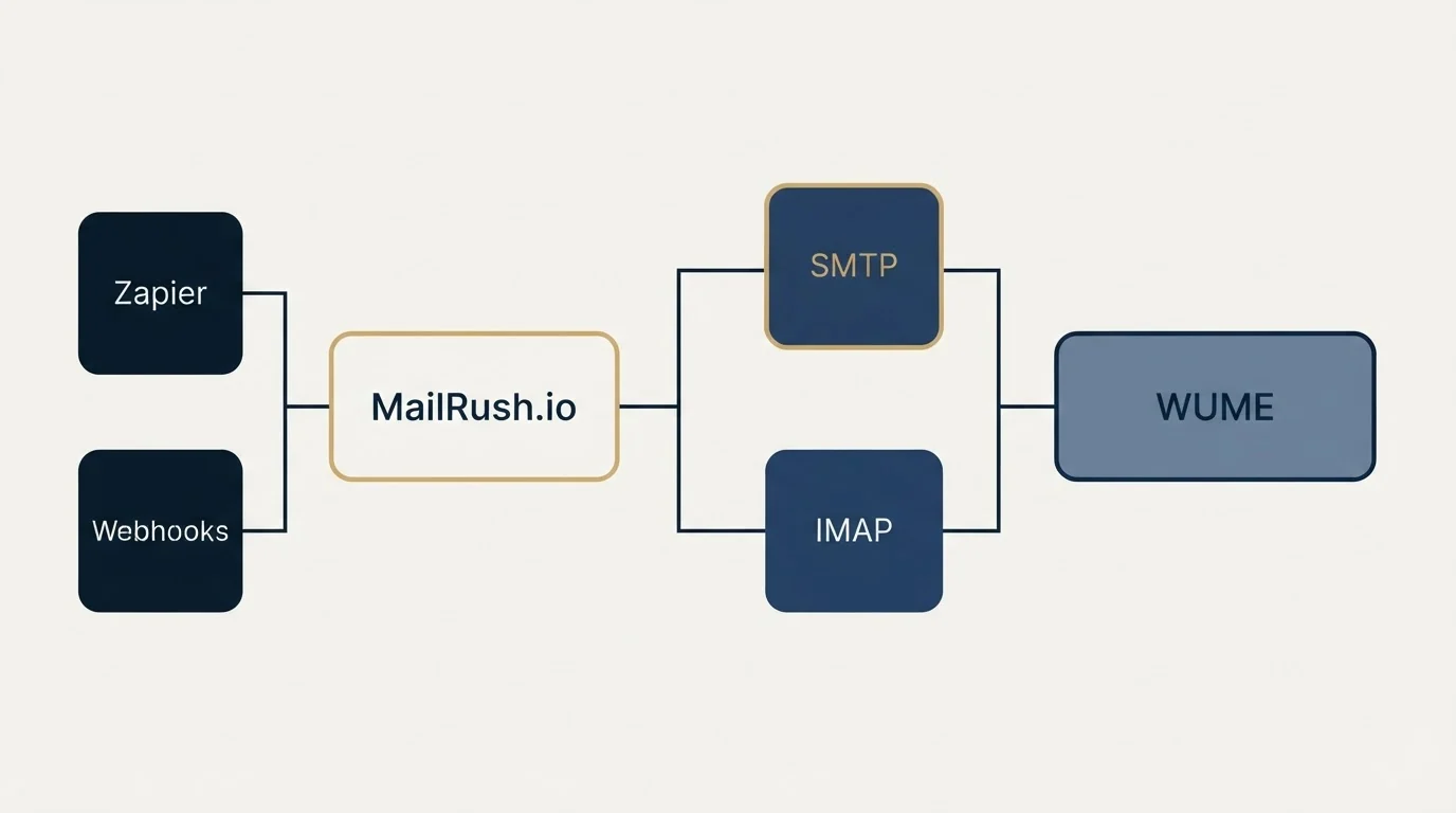 Integration flow: Integration Ecosystem (MailRush.io, WUME, SMTP, IMAP)