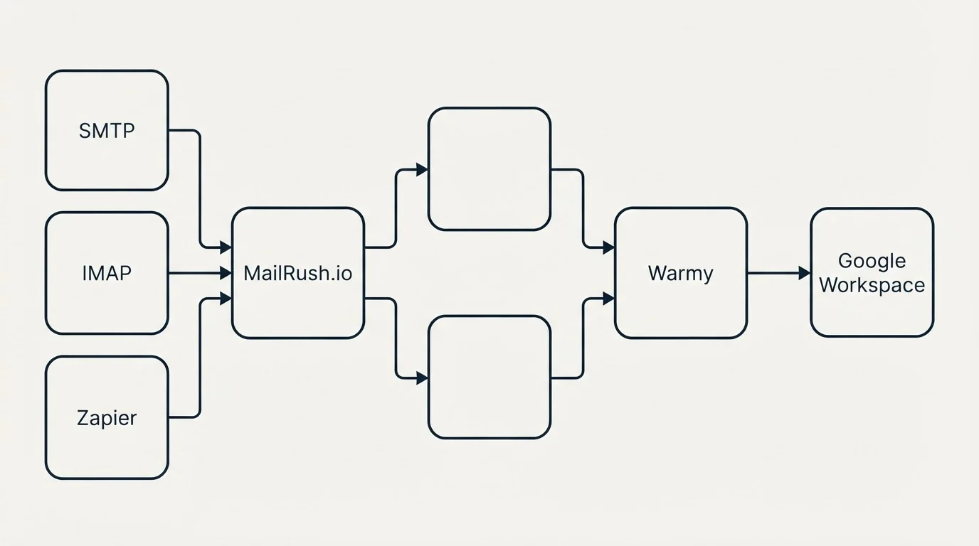 Integration flow: Integration Ecosystem (MailRush.io, Warmy, SMTP, Google Workspace)