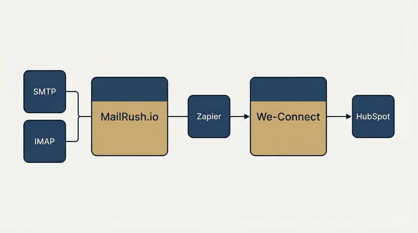 Integration schematic: Integration Ecosystem (MailRush.io, We-Connect, Zapier, SMTP)