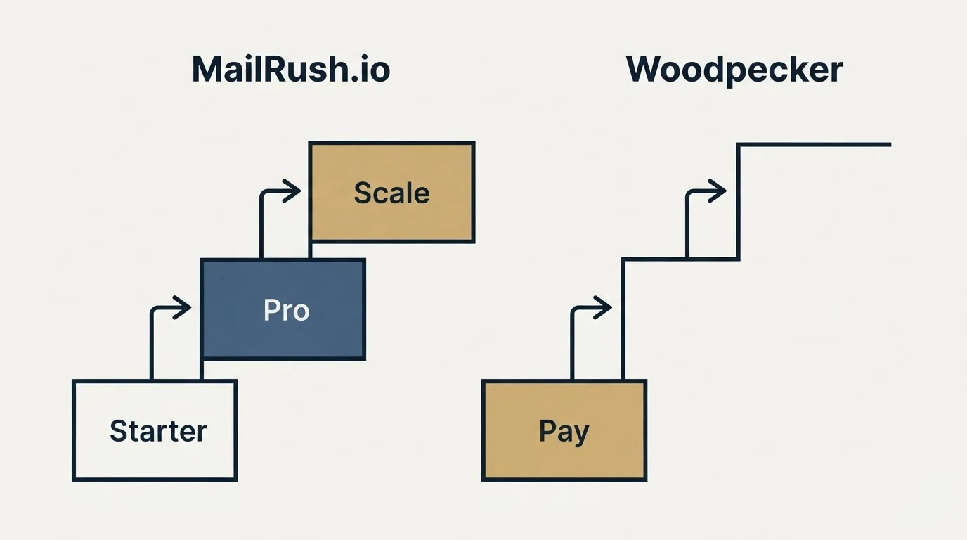 Pricing ladder: Pricing Comparison (MailRush.io, Woodpecker, Starter, Pay)