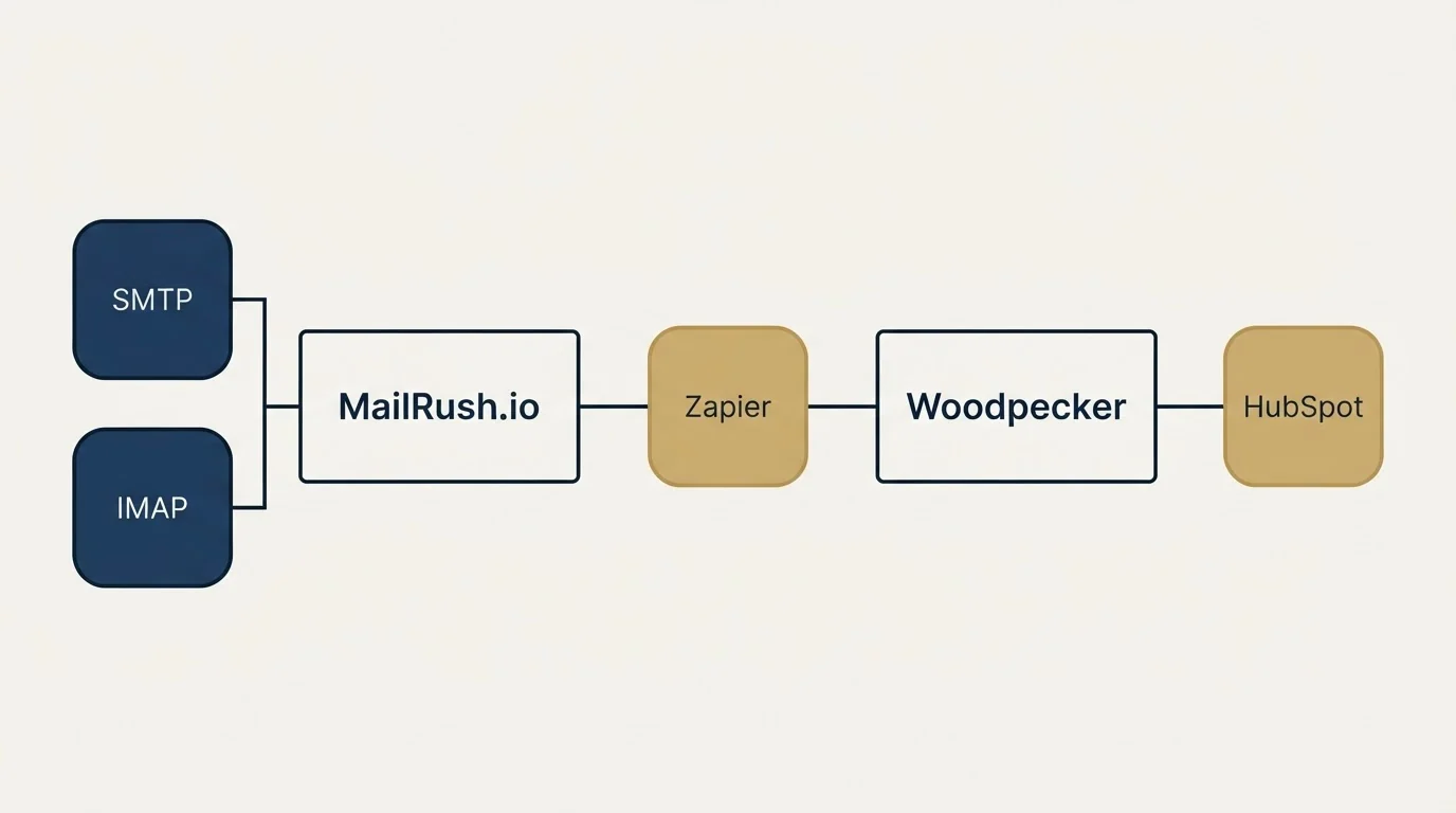Integration schematic: Integration Ecosystem (MailRush.io, Woodpecker, Zapier, SMTP)