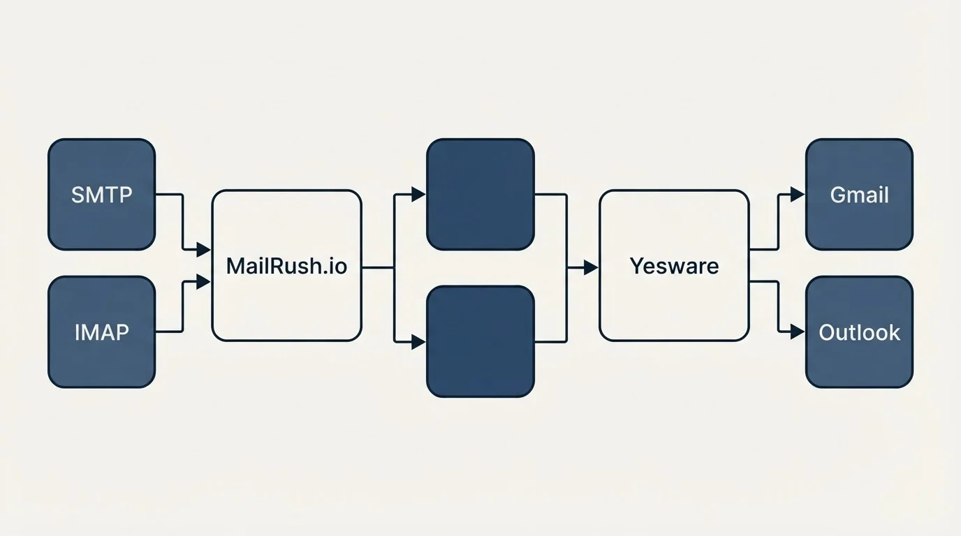 Integration flow: Integration Ecosystem (MailRush.io, Yesware, SMTP, Gmail)