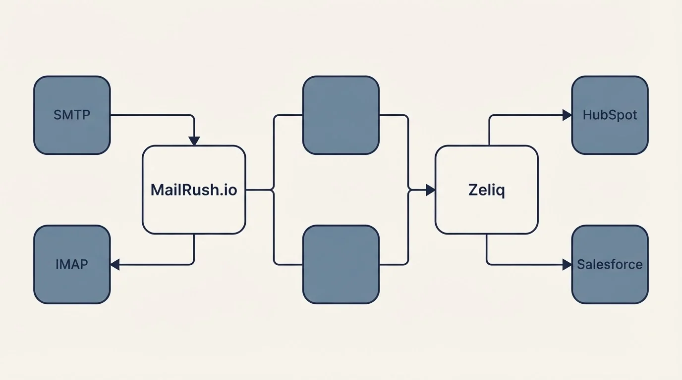 Integration flow: Integration Ecosystem (MailRush.io, Zeliq, SMTP, HubSpot)