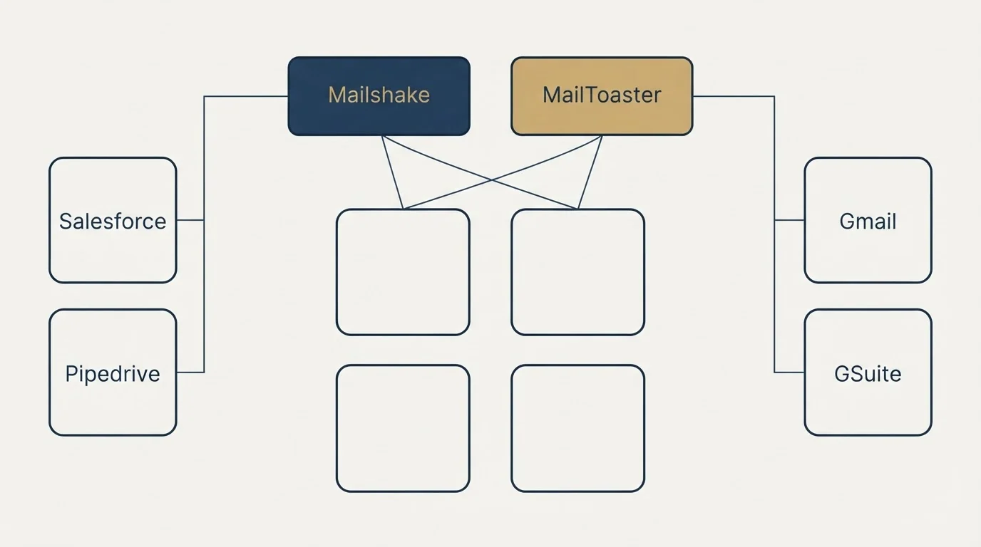 Integration grid: Integration Ecosystem (Mailshake, MailToaster, Salesforce, Gmail)