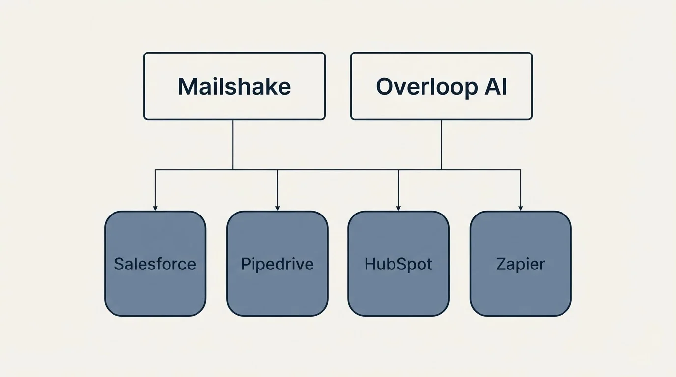 Integration grid: Integration Ecosystem (Mailshake, Overloop AI, Salesforce, Pipedrive)