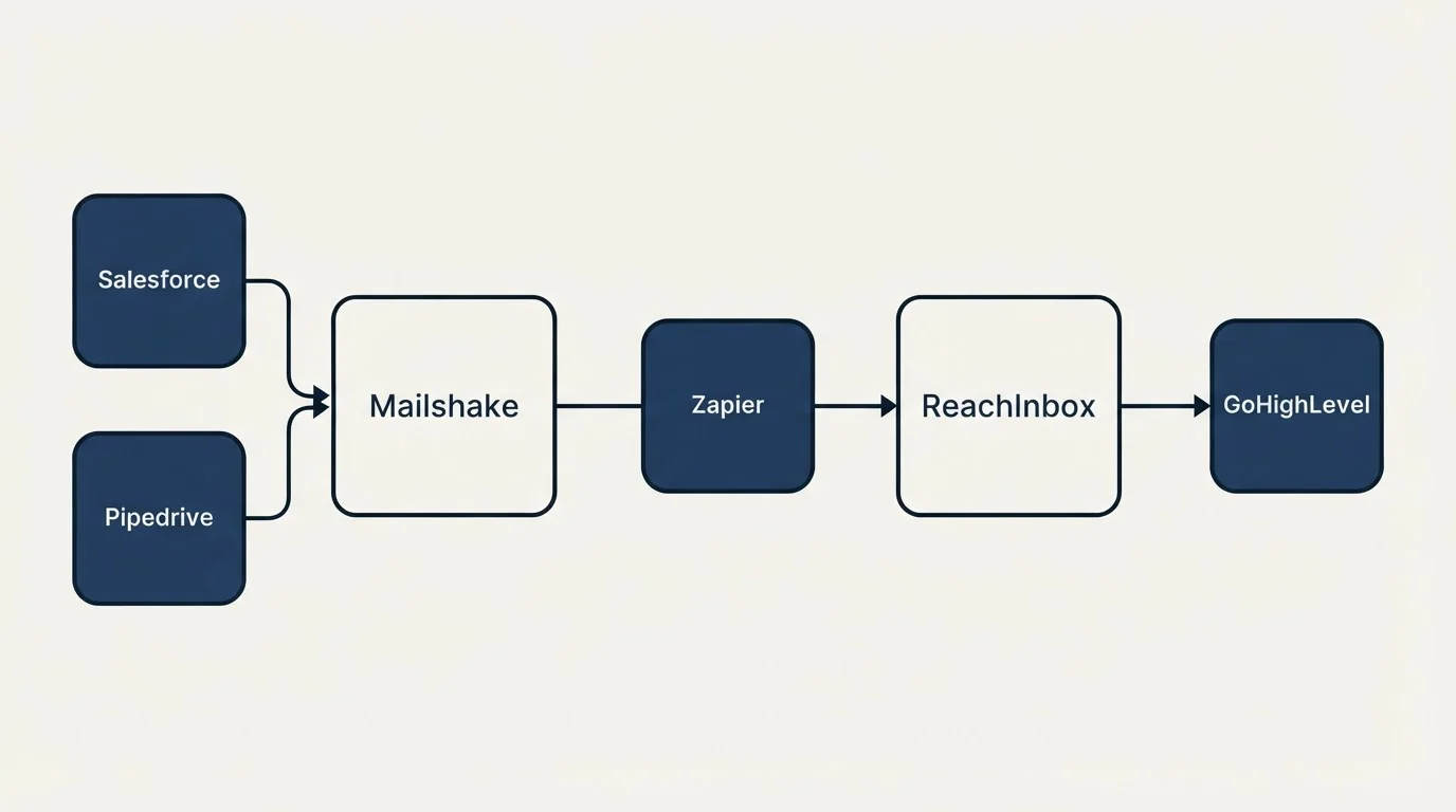 Integration schematic: Integration Ecosystem (Mailshake, ReachInbox, Zapier, Salesforce)