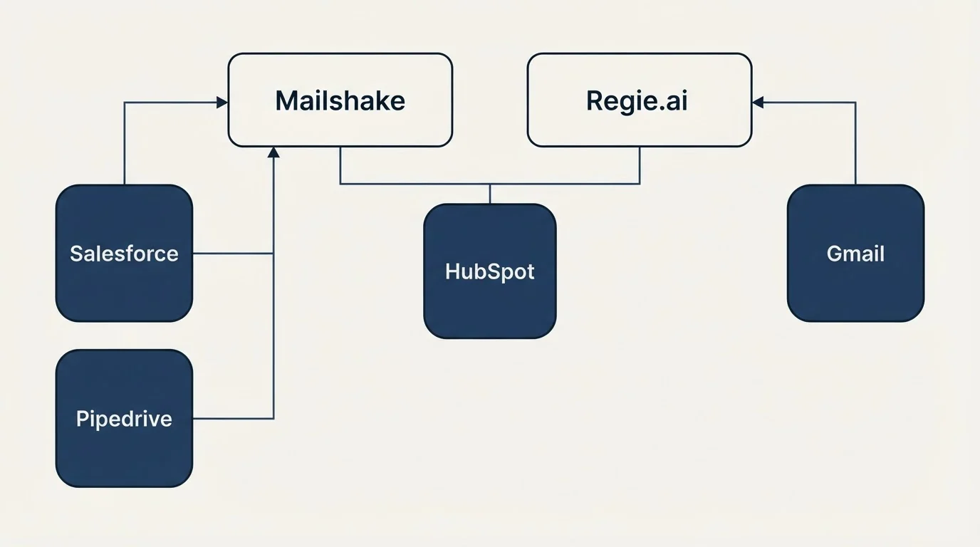 Integration grid: Integration Ecosystem (Mailshake, Regie.ai, HubSpot, Salesforce)