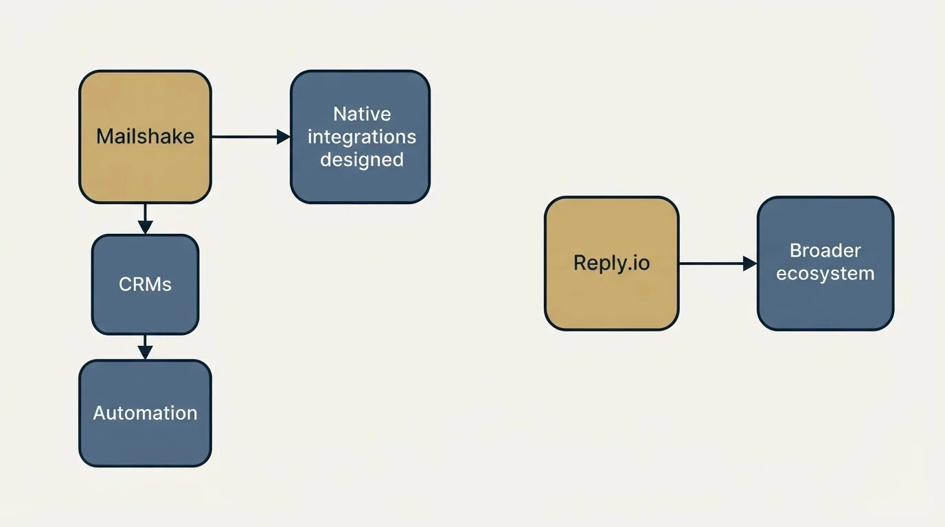 Integration schematic: Integrations (Mailshake, Reply.io, CRMs, Automation)