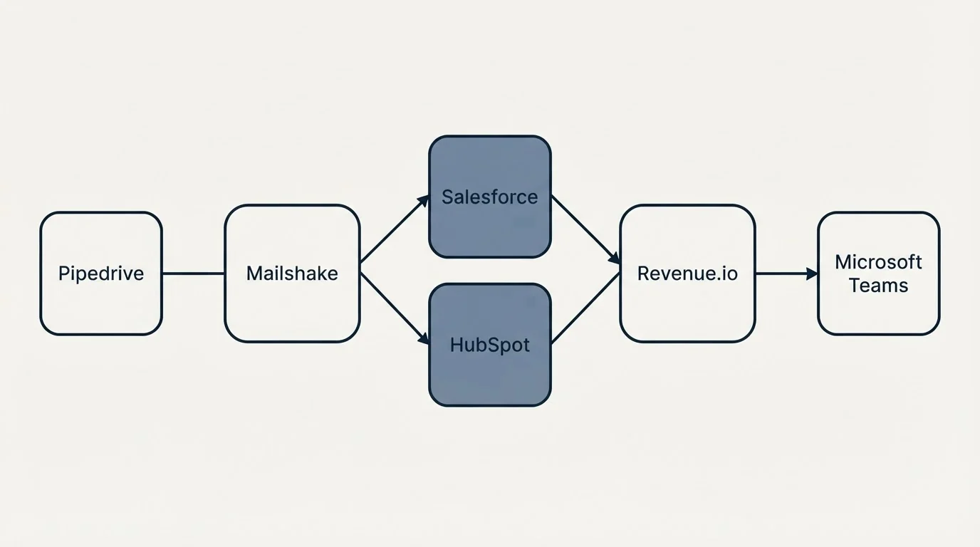 Integration schematic: Integration Ecosystem (Mailshake, Revenue.io, Salesforce, HubSpot)