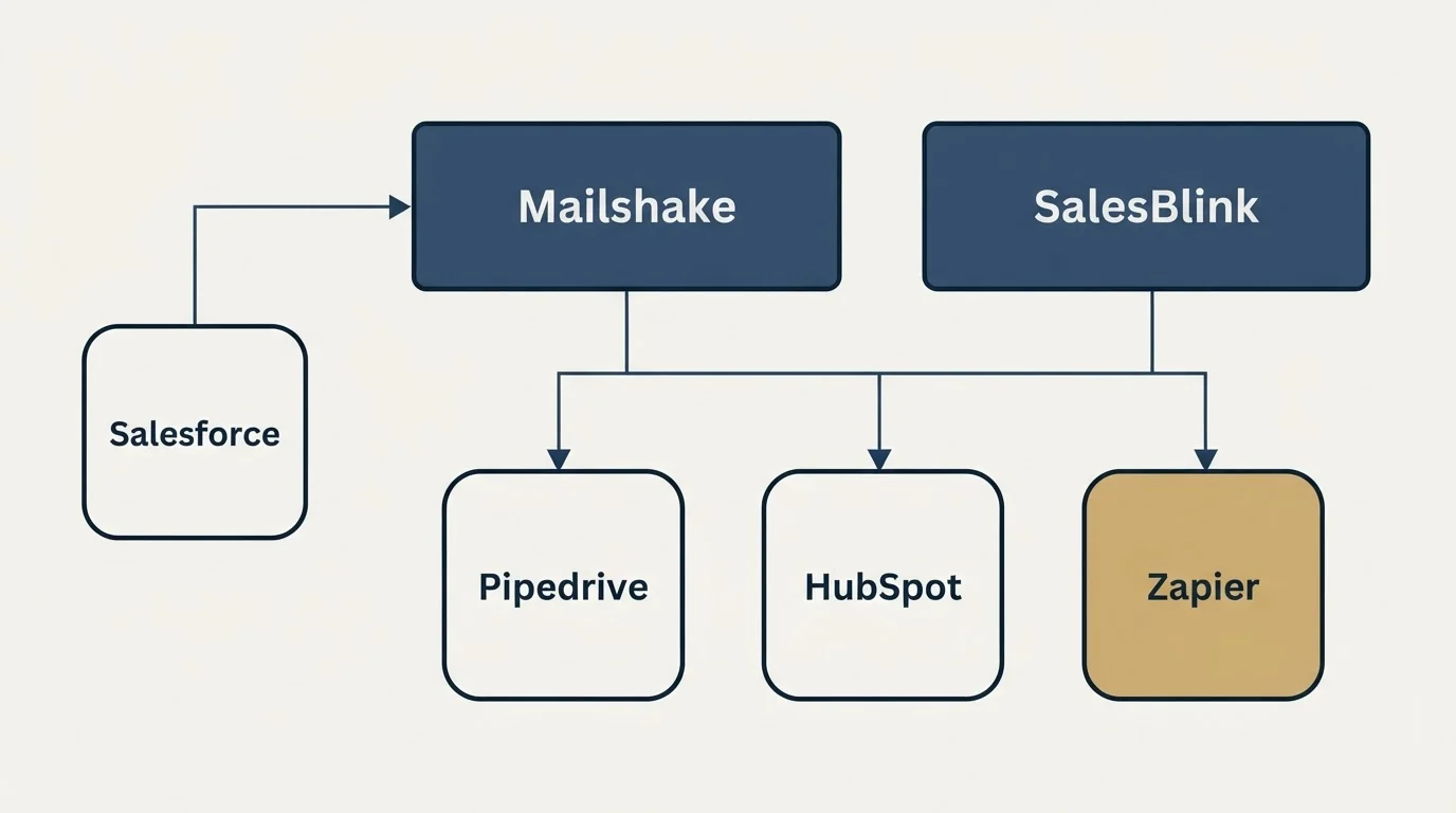 Integration grid: Integration Ecosystem (Mailshake, SalesBlink, Pipedrive, HubSpot)