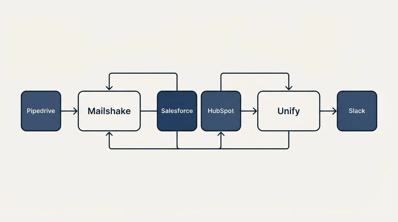 Integration schematic: Integration Ecosystem (Mailshake, Unify, Salesforce, HubSpot)