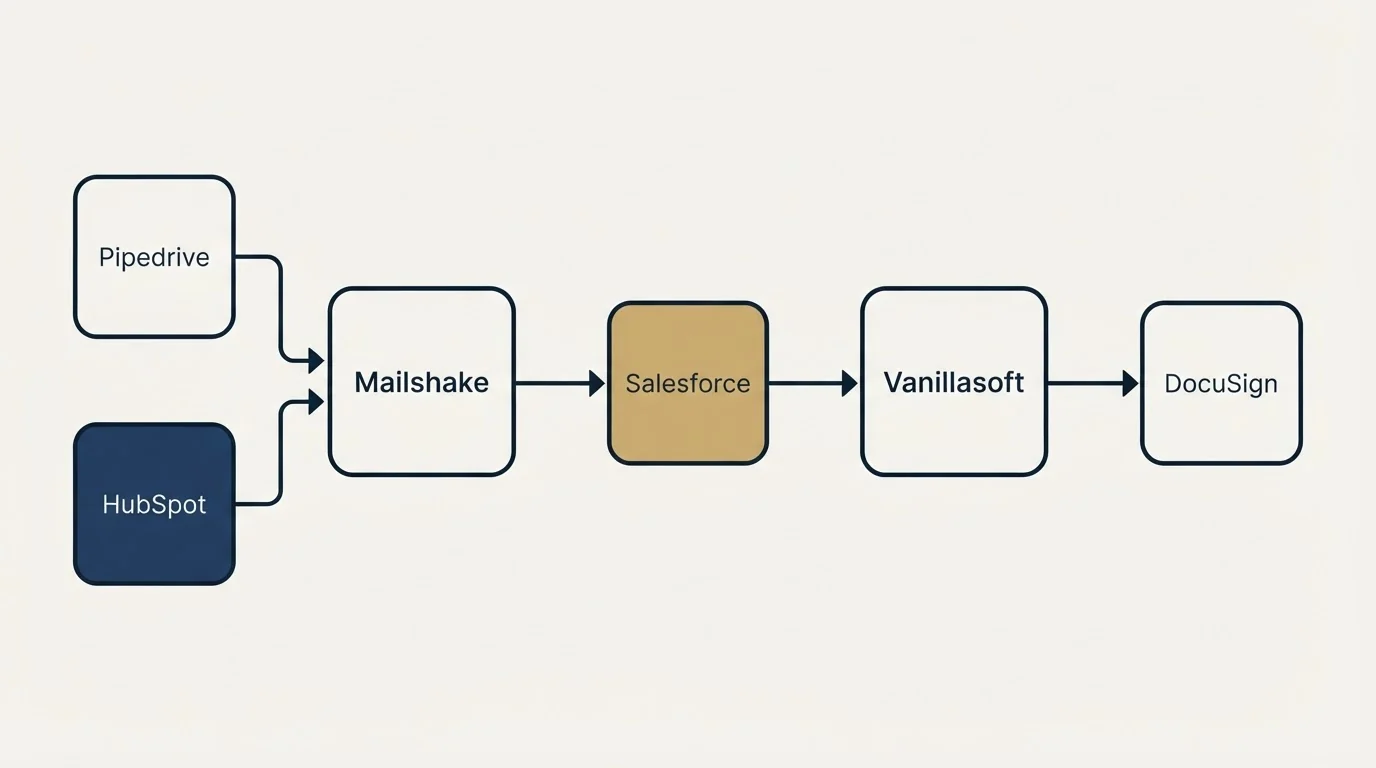 Integration schematic: Integration Ecosystem (Mailshake, Vanillasoft, Salesforce, Pipedrive)