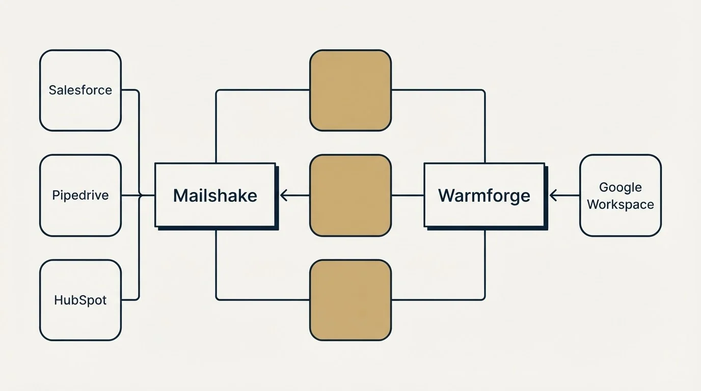 Integration flow: Integration Ecosystem (Mailshake, Warmforge, Salesforce, Google Workspace)