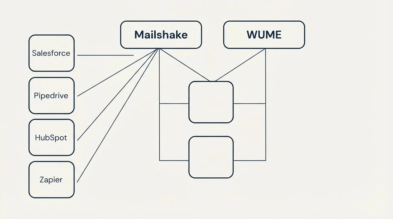 Integration grid: Integration Ecosystem (Mailshake, WUME, Salesforce, Pipedrive)