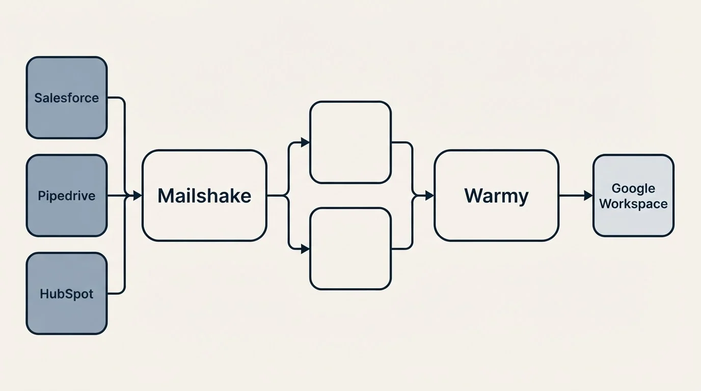 Integration schematic: Integration Ecosystem (Mailshake, Warmy, Salesforce, Google Workspace)