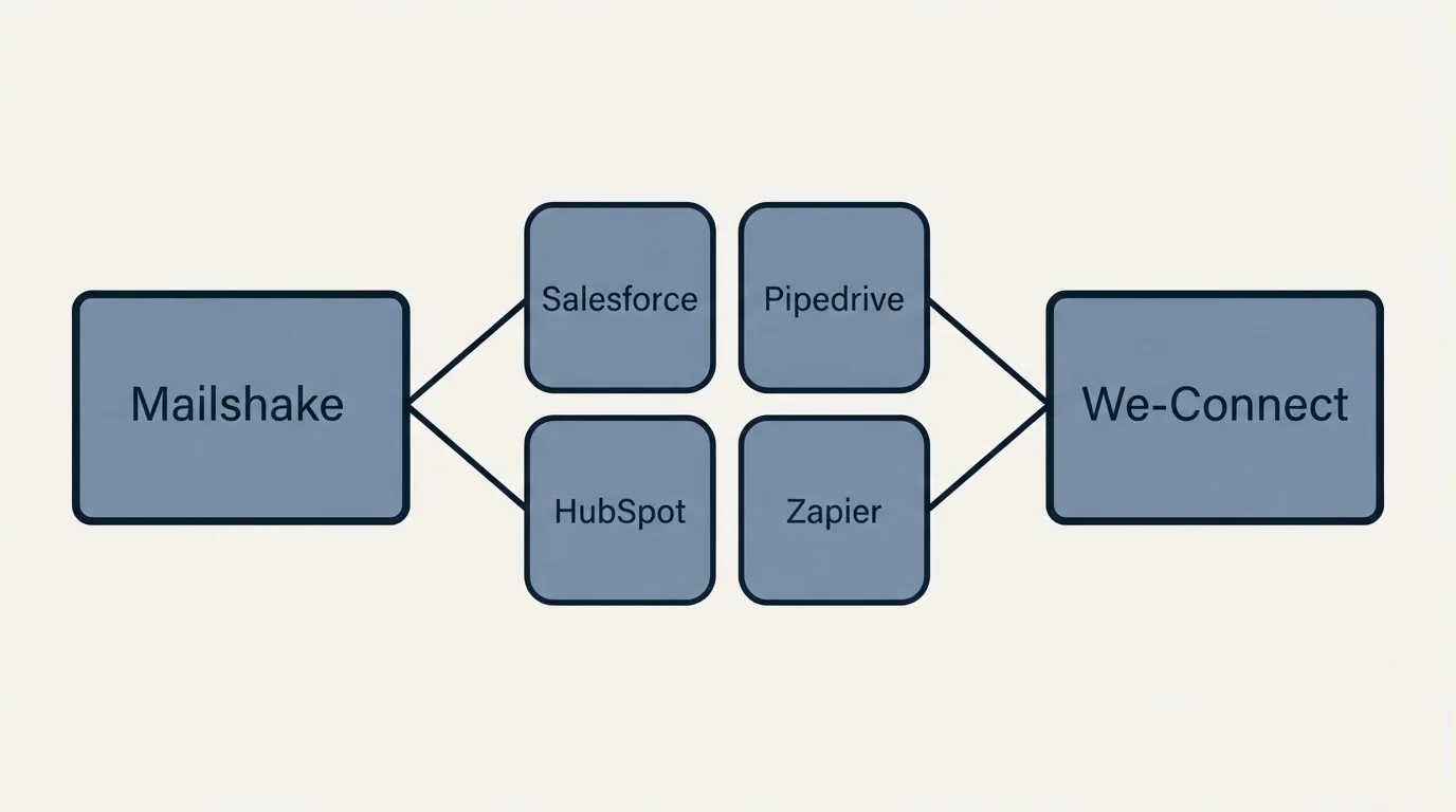 Integration schematic: Integration Ecosystem (Mailshake, We-Connect, Salesforce, Pipedrive)
