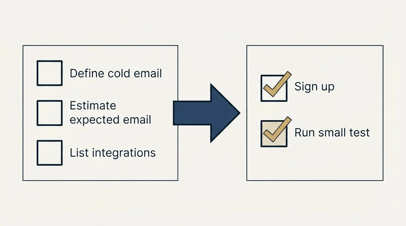 Before-and-after steps: Getting Started Checklist (Define cold email, Estimate expected email, List integrations, Sign up)
