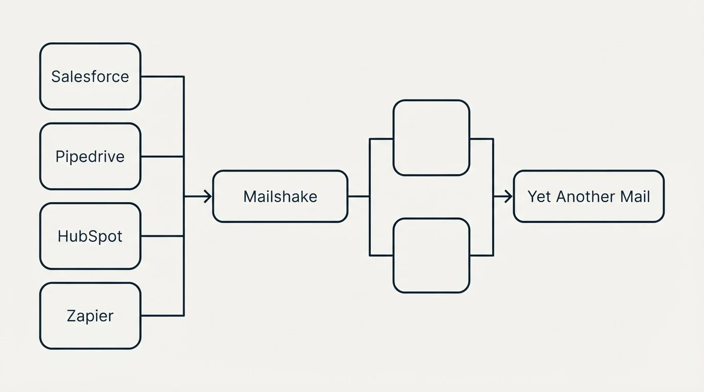 Integration flow: Integration Ecosystem (Mailshake, Yet Another Mail, Salesforce, Pipedrive)