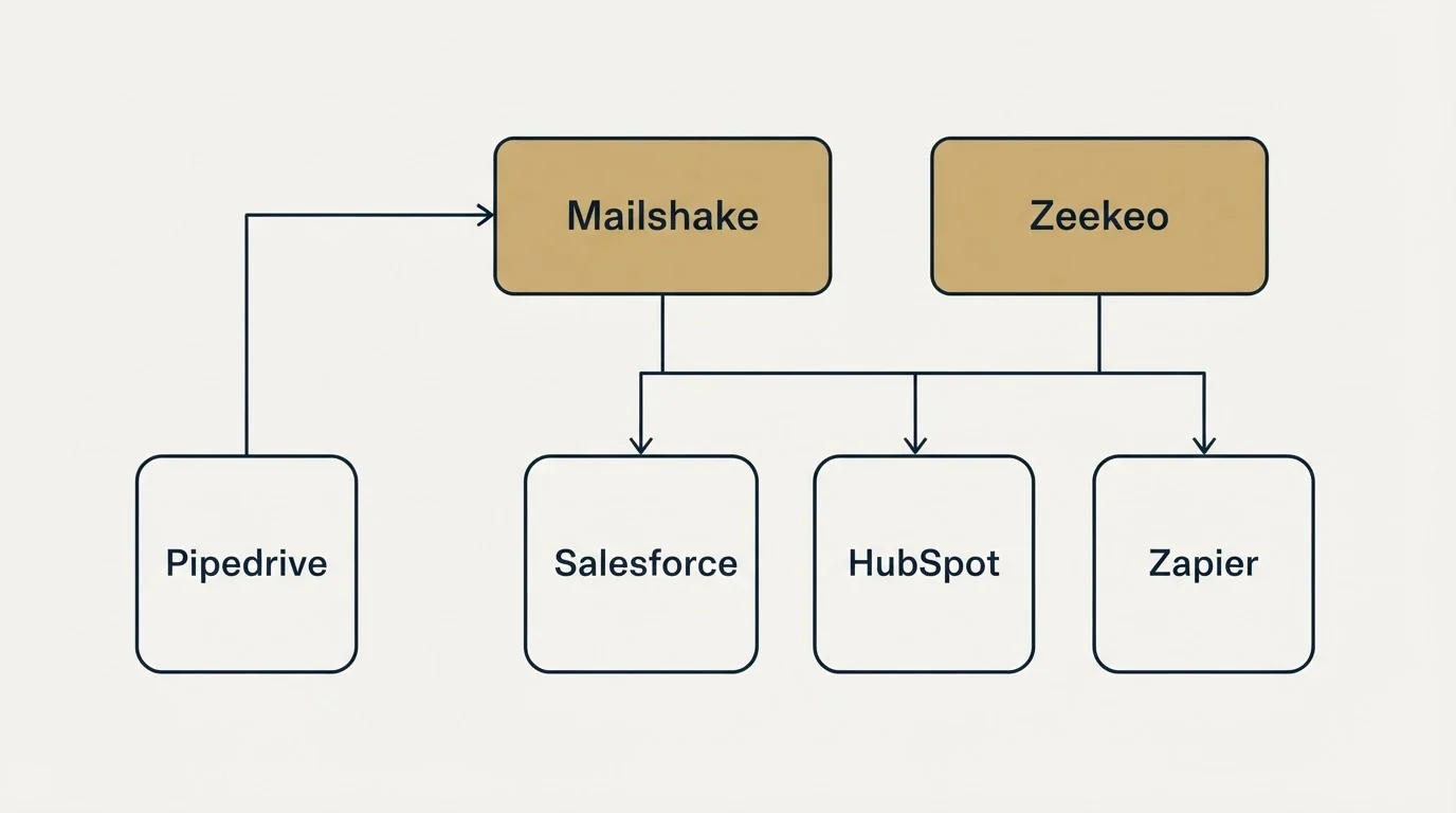 Integration grid: Integration Ecosystem (Mailshake, Zeekeo, Salesforce, HubSpot)