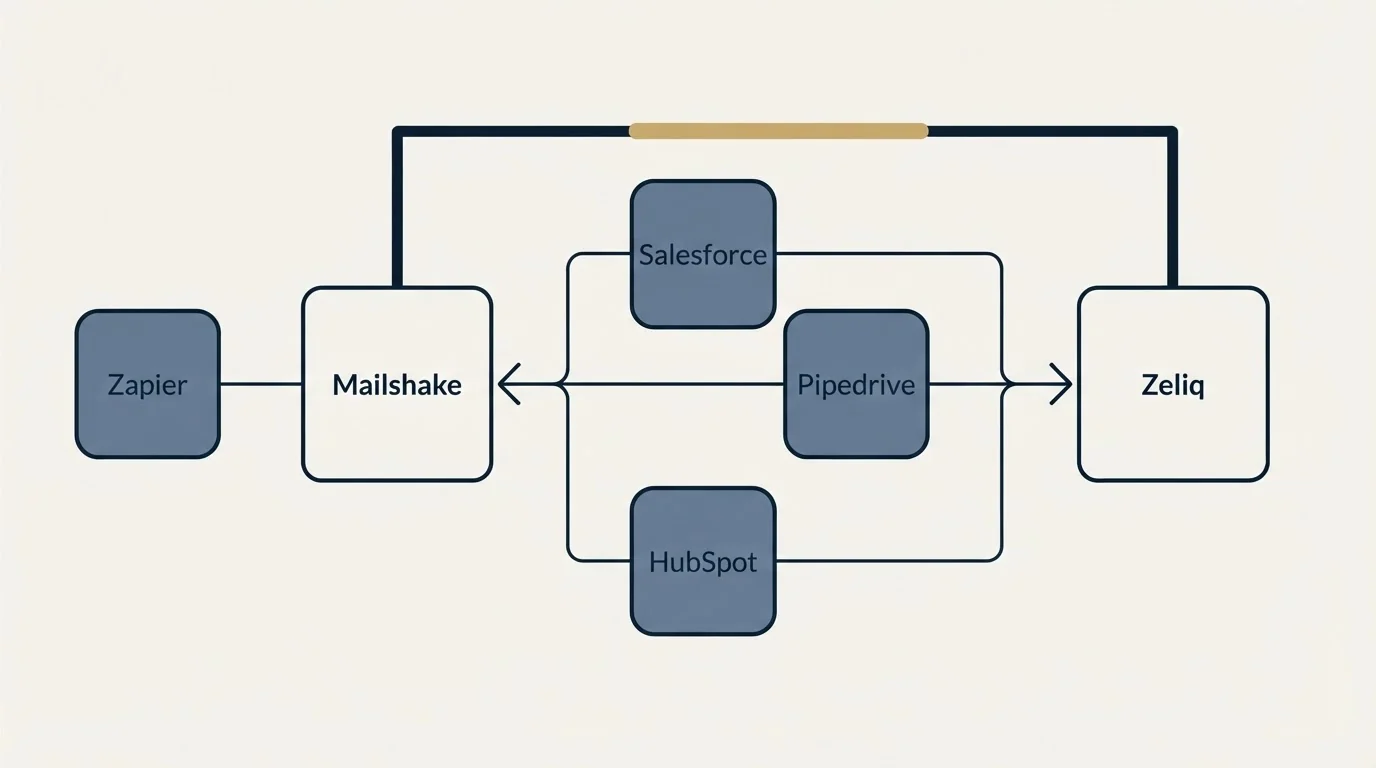 Integration schematic: Integration Ecosystem (Mailshake, Zeliq, Salesforce, Pipedrive)