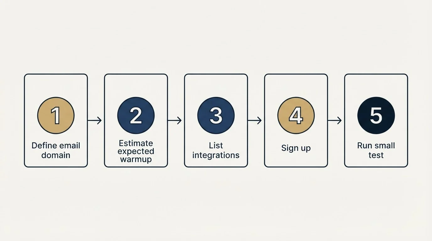 Step sequence: Getting Started Checklist (Define email domain, Estimate expected warmup, List integrations, Sign up)