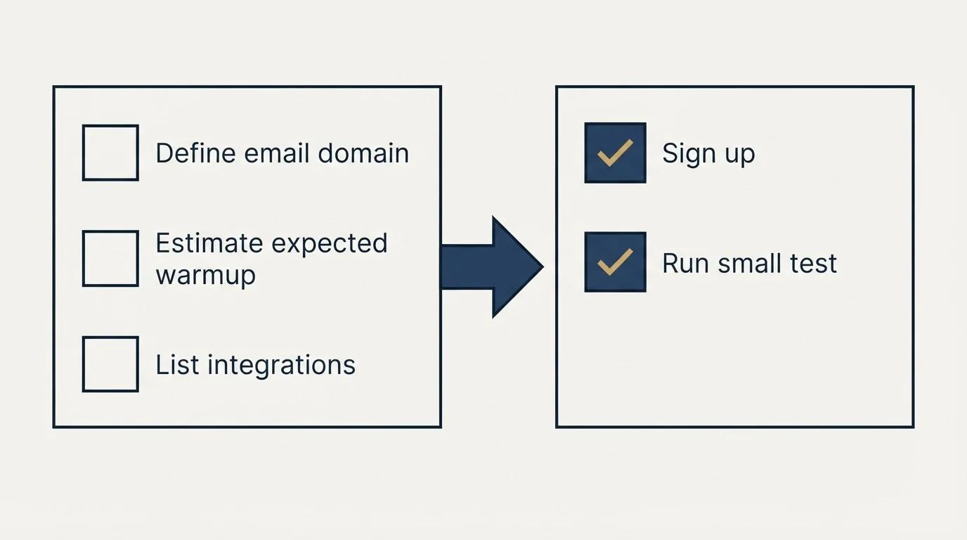 Before-and-after steps: Getting Started Checklist (Define email domain, Estimate expected warmup, List integrations, Sign up)