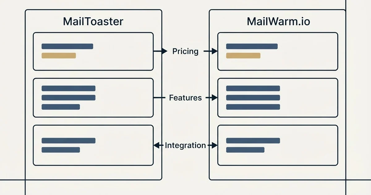 Comparison panel: MailToaster vs MailWarm.io (Pricing, Features, Integration)