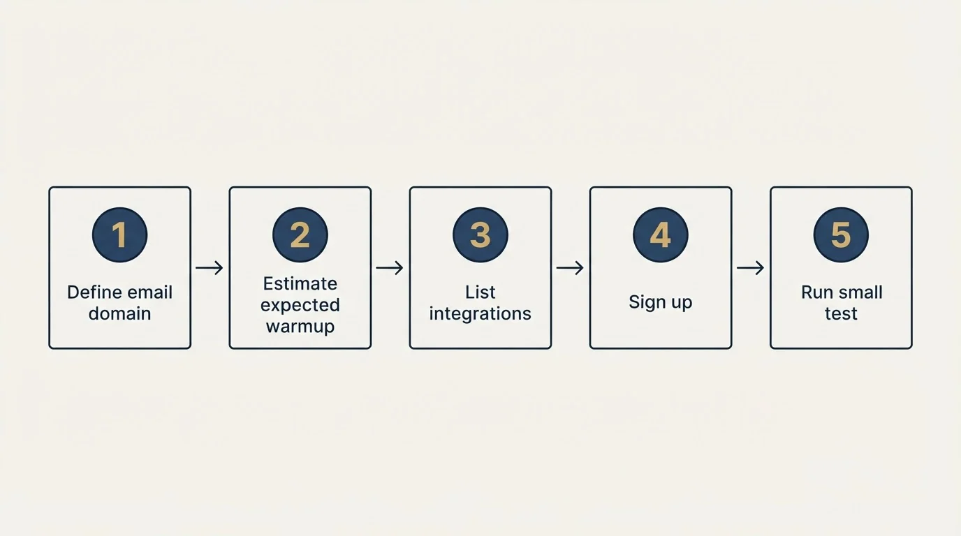 Step sequence: Getting Started Checklist (Define email domain, Estimate expected warmup, List integrations, Sign up)