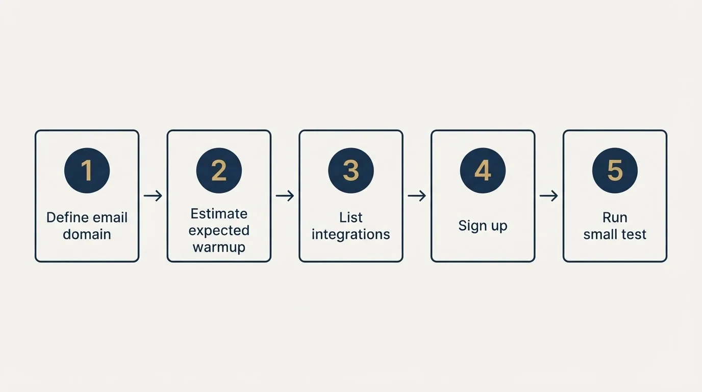 Step sequence: Getting Started Checklist (Define email domain, Estimate expected warmup, List integrations, Sign up)