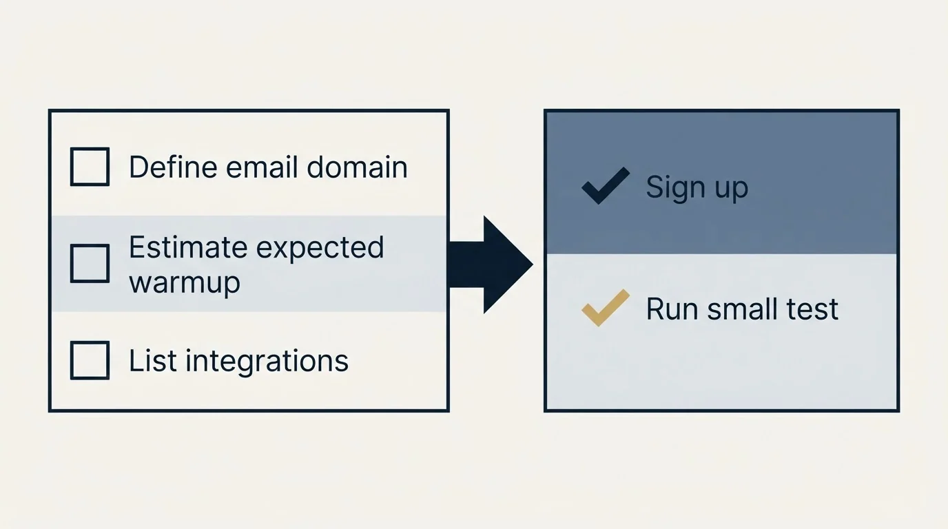 Before-and-after steps: Getting Started Checklist (Define email domain, Estimate expected warmup, List integrations, Sign up)