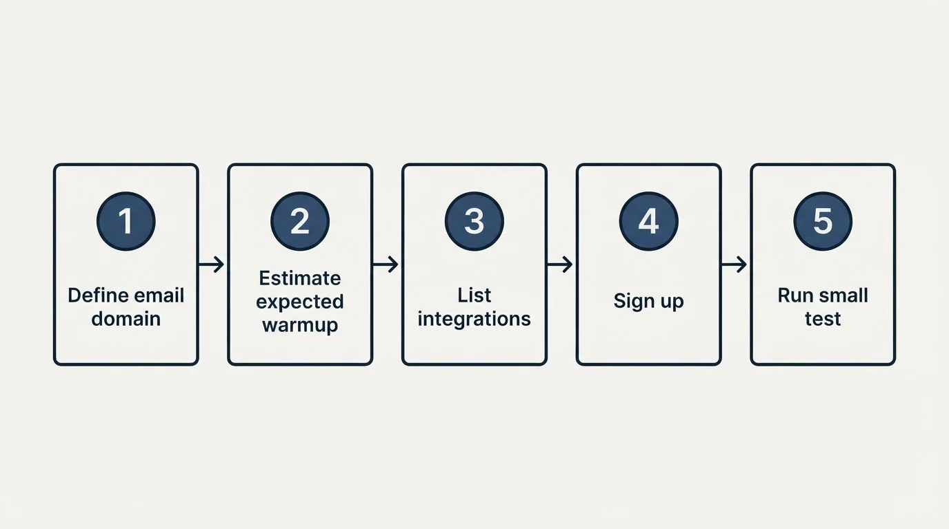 Step sequence: Getting Started Checklist (Define email domain, Estimate expected warmup, List integrations, Sign up)
