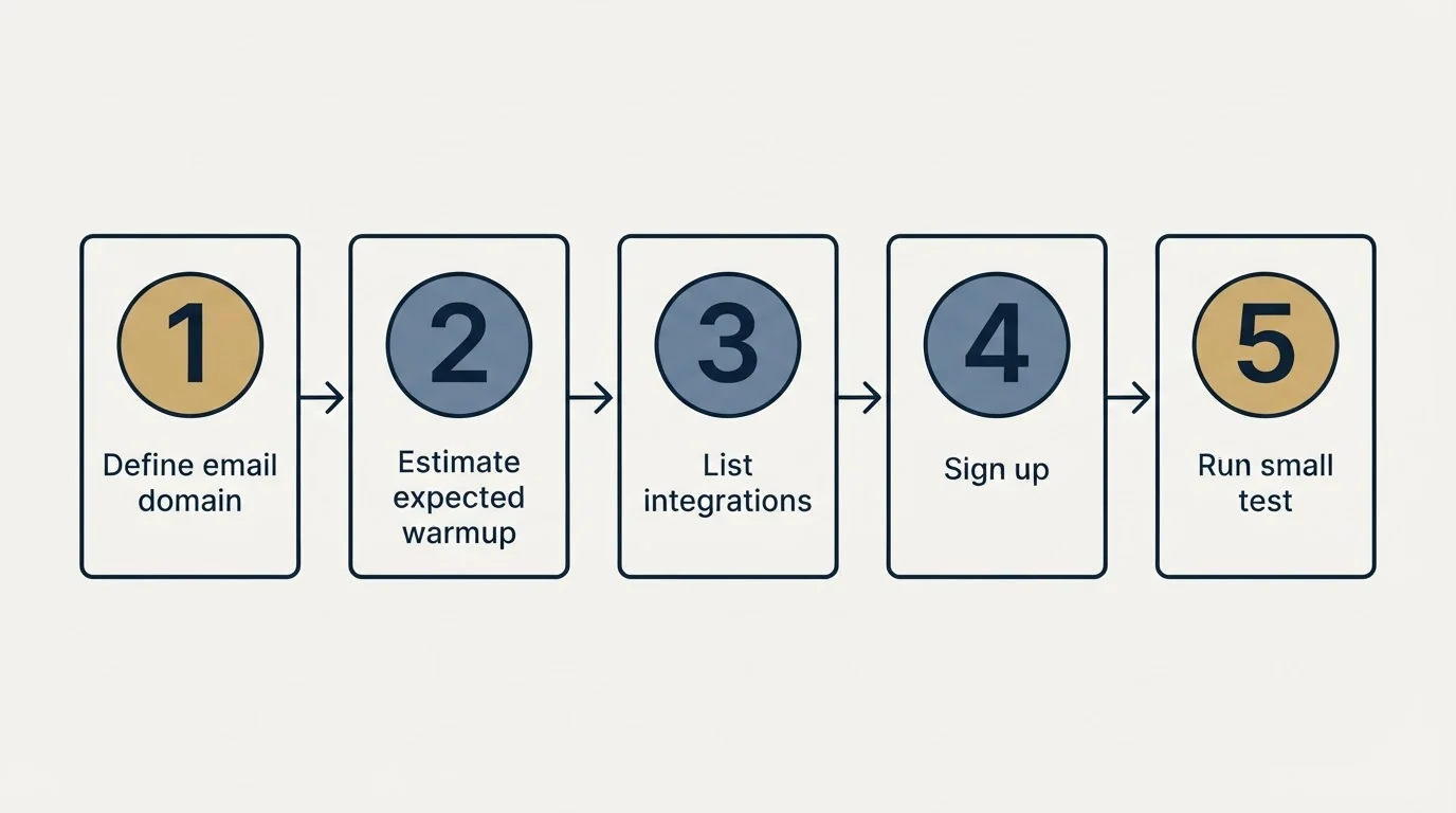 Step sequence: Getting Started Checklist (Define email domain, Estimate expected warmup, List integrations, Sign up)
