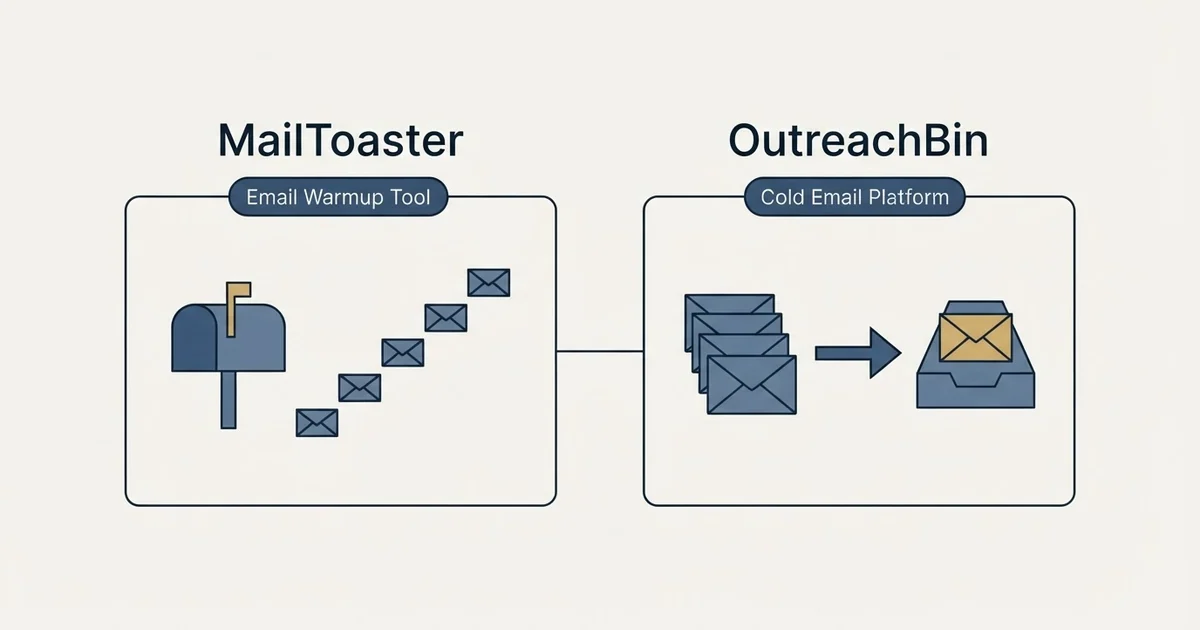 Side-by-side panels: MailToaster vs OutreachBin (Email Warmup Tool, Cold Email Platform)